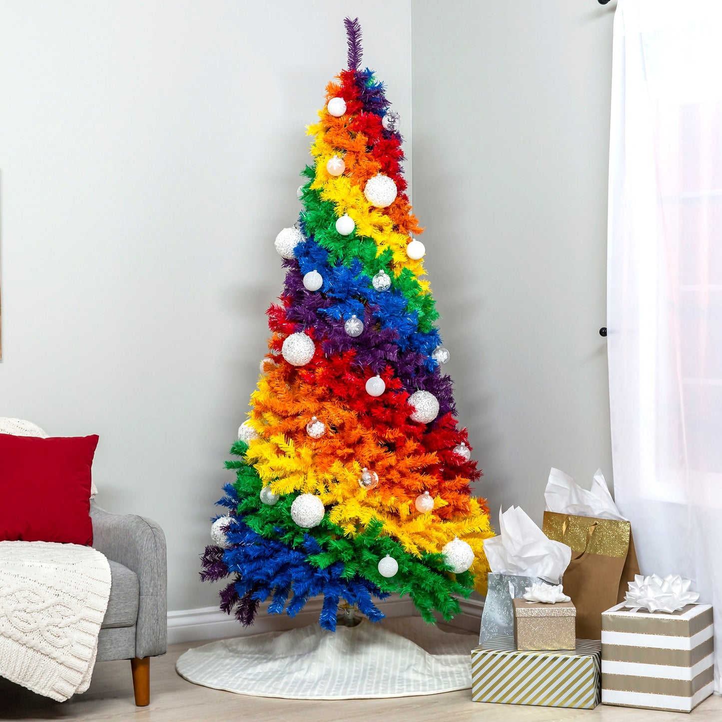 7ft Artificial Rainbow Full Fir Christmas Tree Holiday Decor w/ Metal Stand