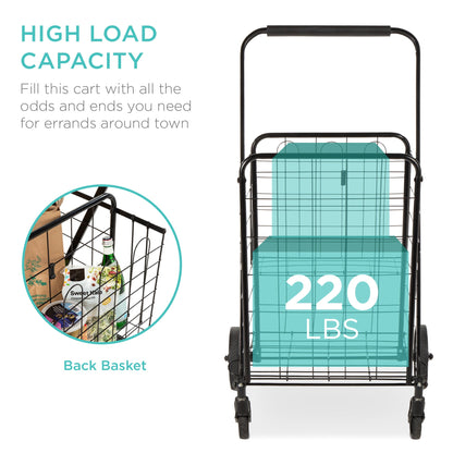 Folding Steel Grocery Cart w/ Double Basket, Swivel Wheels, 220lb Cap