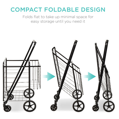 Folding Steel Grocery Cart w/ Double Basket, Swivel Wheels, 220lb Cap