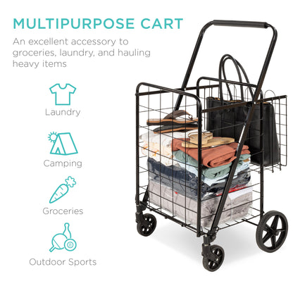 Folding Steel Grocery Cart w/ Double Basket, Swivel Wheels, 220lb Cap