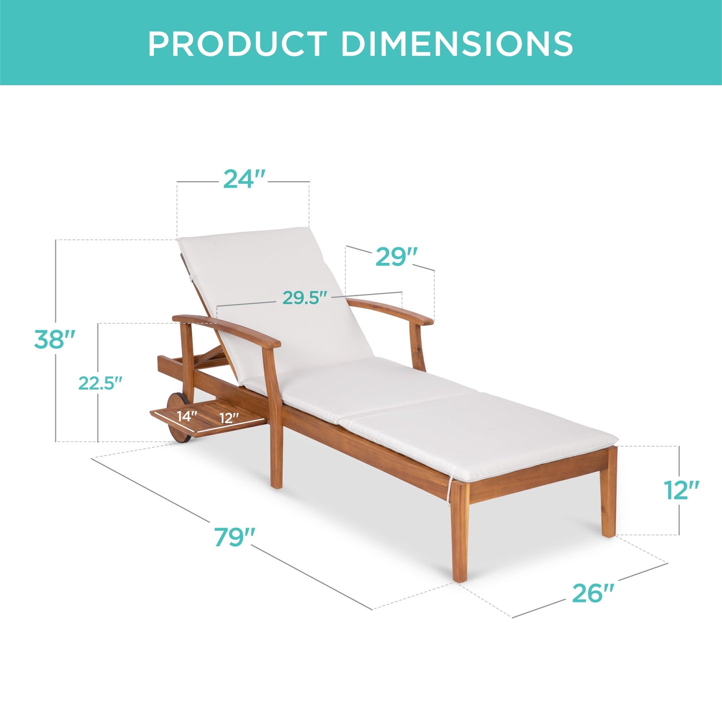 Adjustable Acacia Wood Chaise Lounge Chair w/ Side Table, Wheels - 79x26in