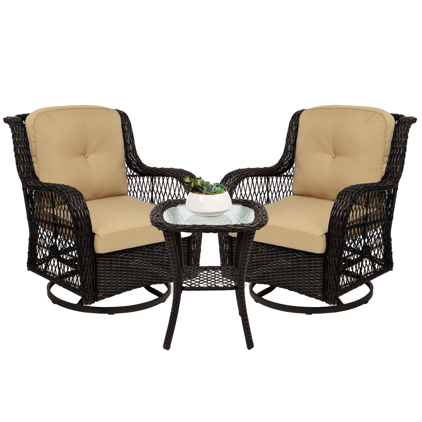 3-Piece Patio Wicker Bistro Furniture Set w/ 2 Swivel Rocking Chairs, Table