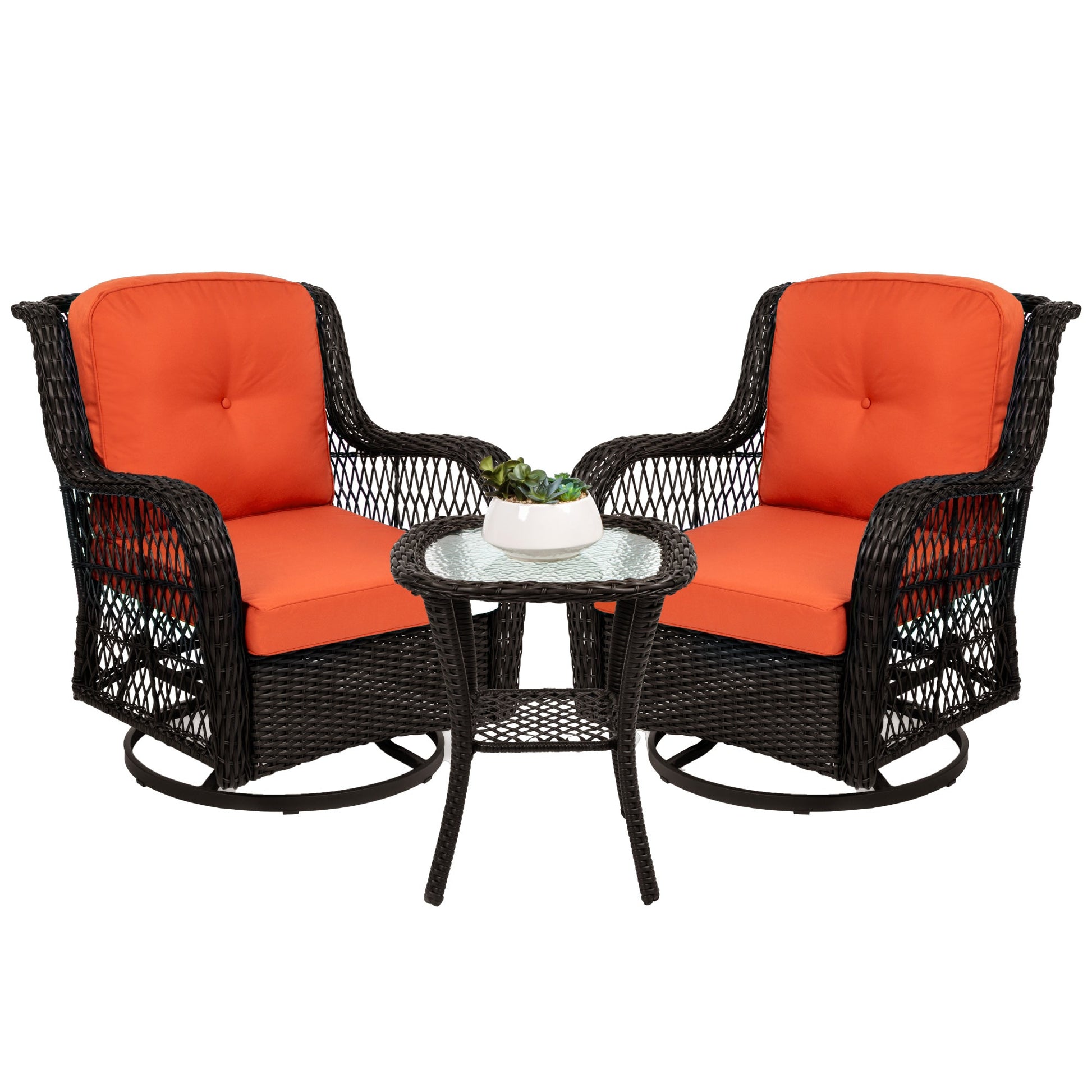 3-Piece Patio Wicker Bistro Furniture Set w/ 2 Swivel Rocking Chairs, Table