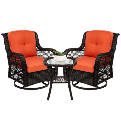 3-Piece Patio Wicker Bistro Furniture Set w/ 2 Swivel Rocking Chairs, Table