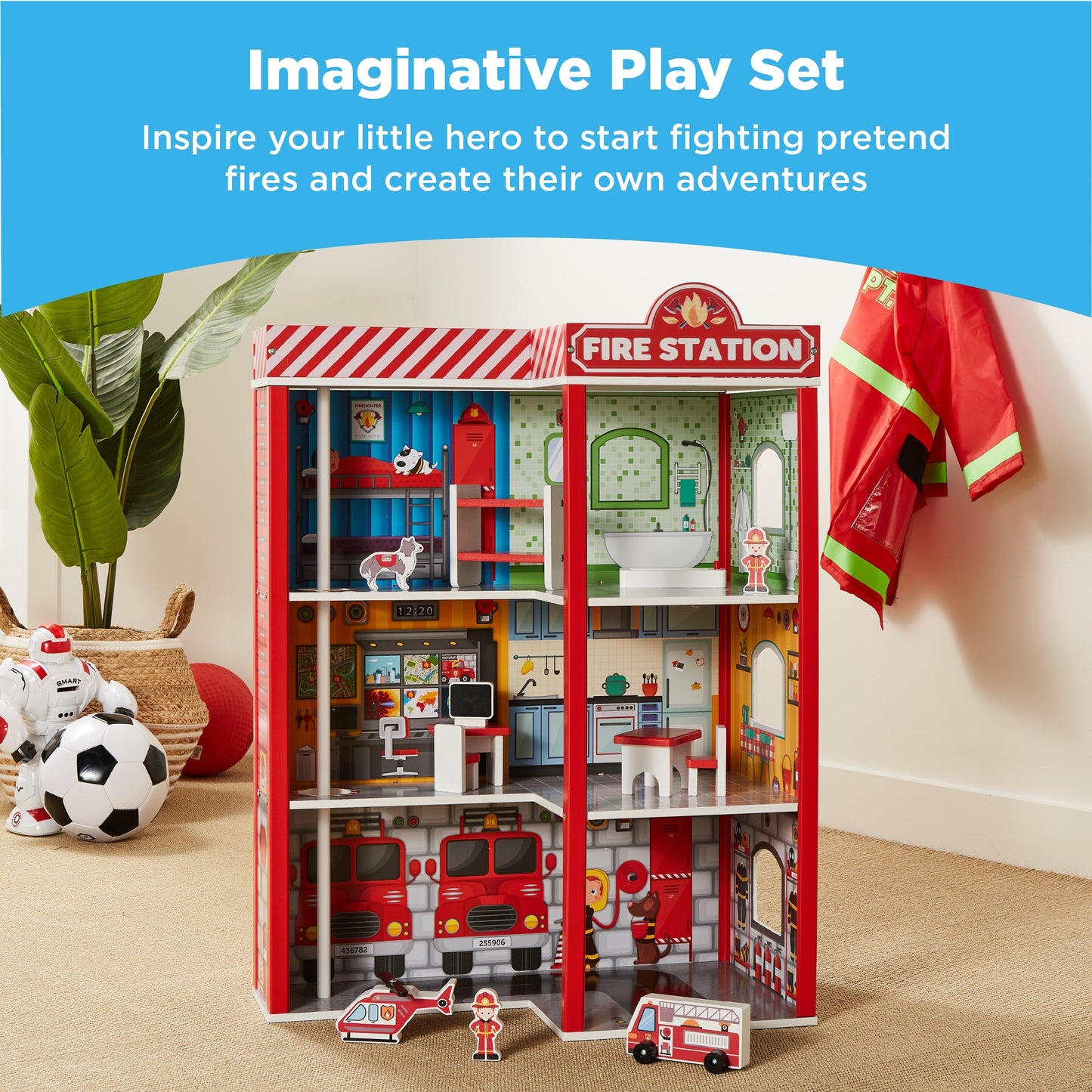 32in Kids 3-Story Pretend Fire Station Play Set w/ 2 Vehicles, Accessories