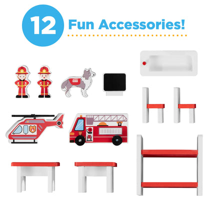 32in Kids 3-Story Pretend Fire Station Play Set w/ 2 Vehicles, Accessories