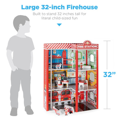 32in Kids 3-Story Pretend Fire Station Play Set w/ 2 Vehicles, Accessories