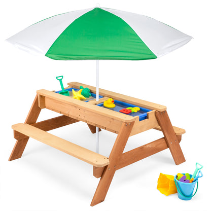 3-in-1 Kids Sand & Water Table Outdoor Wood Picnic Table w/ Umbrella