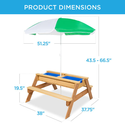 3-in-1 Kids Sand & Water Table Outdoor Wood Picnic Table w/ Umbrella