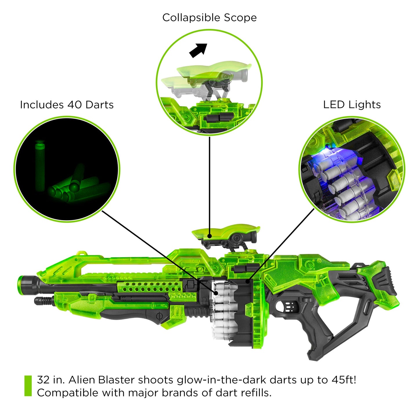 Electric Foam Dart Alien Blaster Toy w/ 40 Glow-in-the-Dark Darts