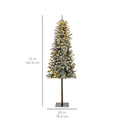 Pre-Lit Snow Flocked Alpine Slim Pencil Christmas Tree w/ LED Lights, Stand