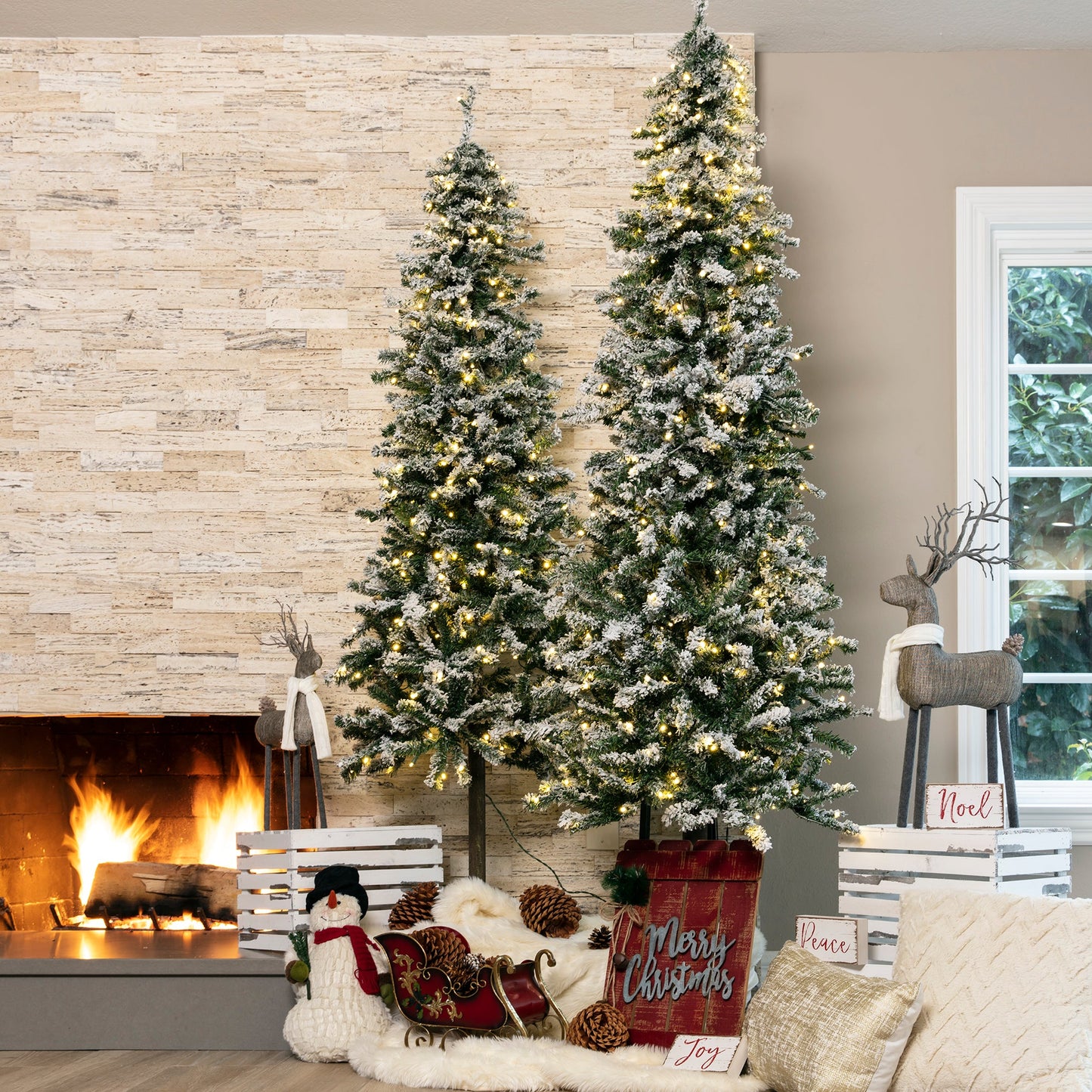 Pre-Lit Snow Flocked Alpine Slim Pencil Christmas Tree w/ LED Lights, Stand