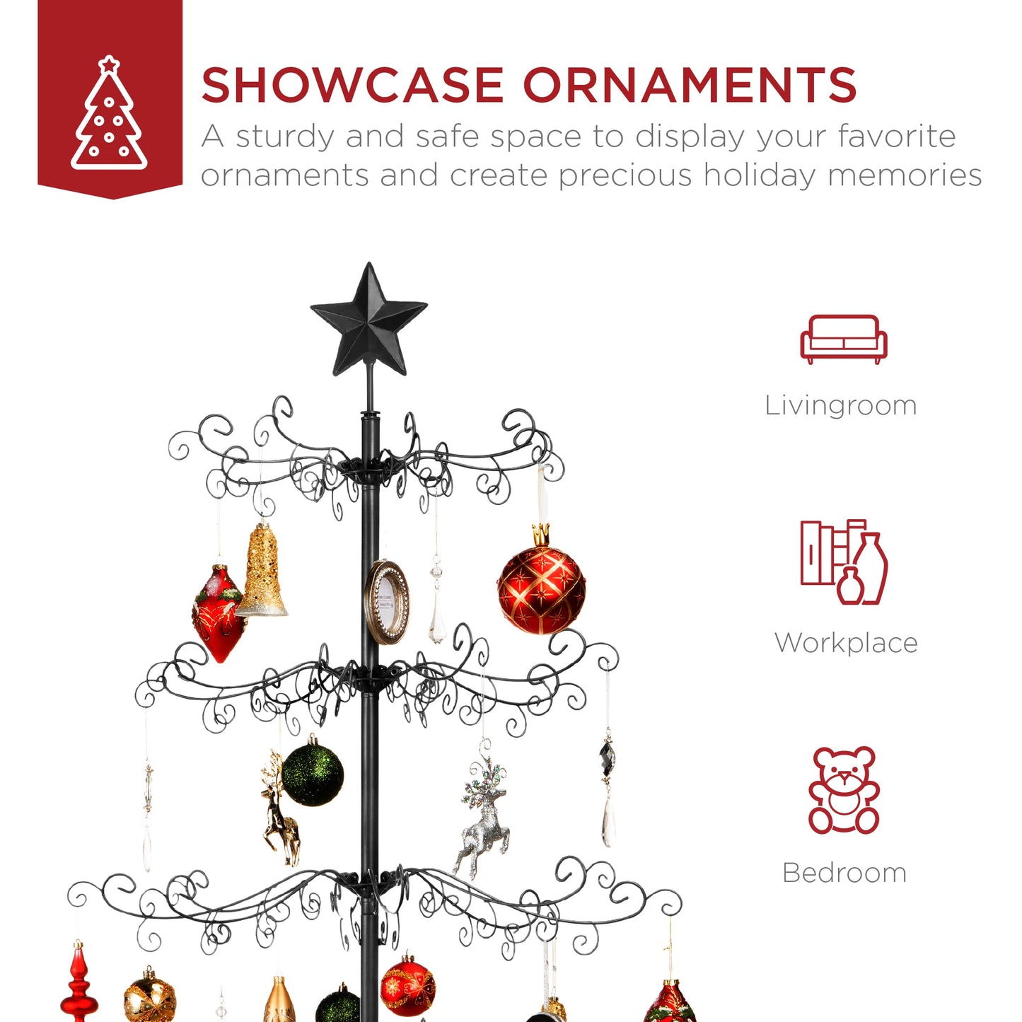 Wrought Iron Christmas Tree Ornament Display w/ Easy Assembly, Stand - 6ft