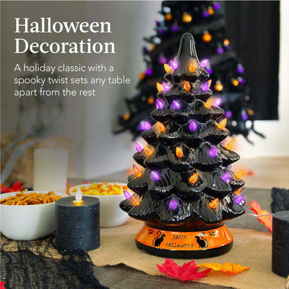 Ceramic Halloween Tabletop Tree w/ Orange & Purple Bulb Lights - 15in