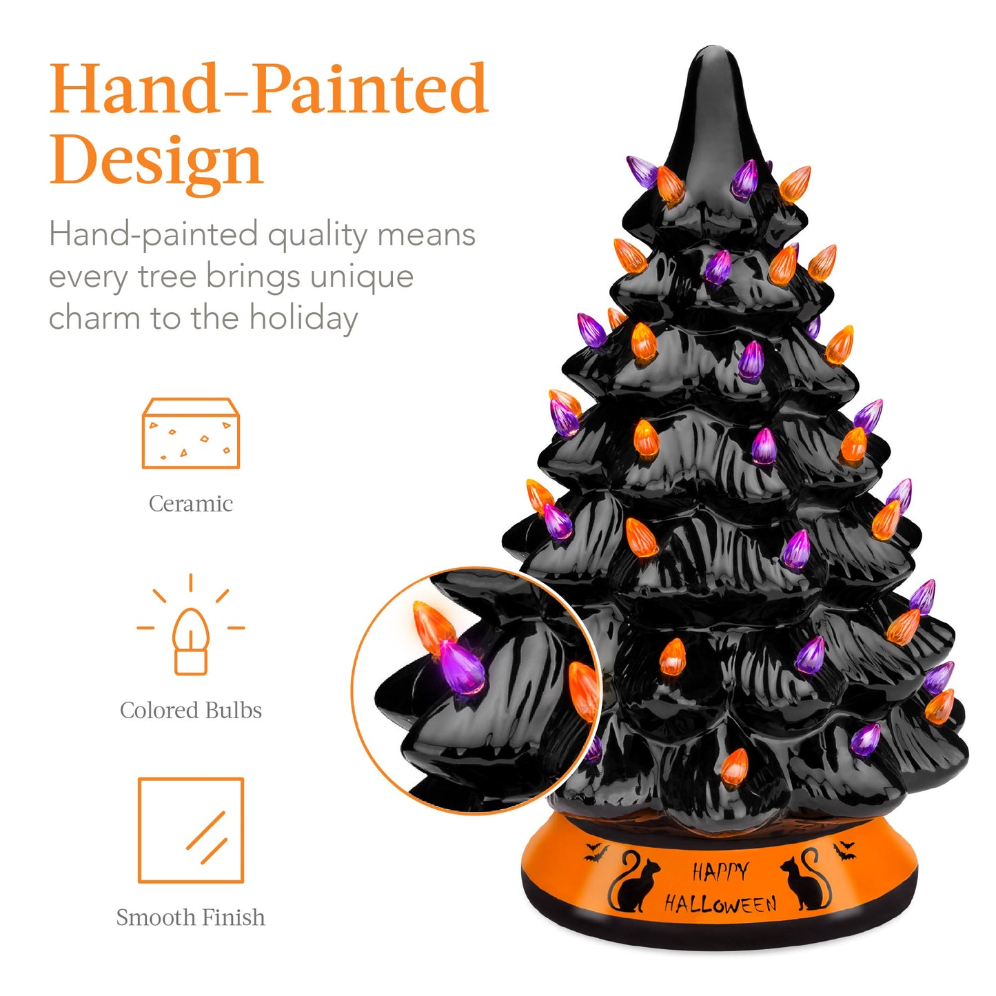 Ceramic Halloween Tabletop Tree w/ Orange & Purple Bulb Lights - 15in