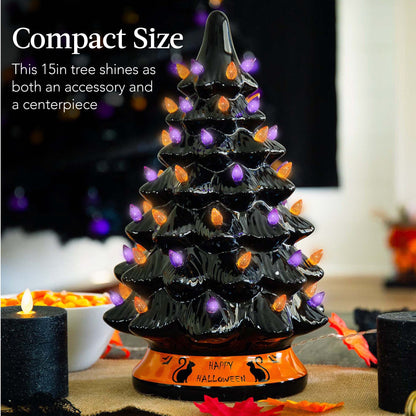 Ceramic Halloween Tabletop Tree w/ Orange & Purple Bulb Lights - 15in