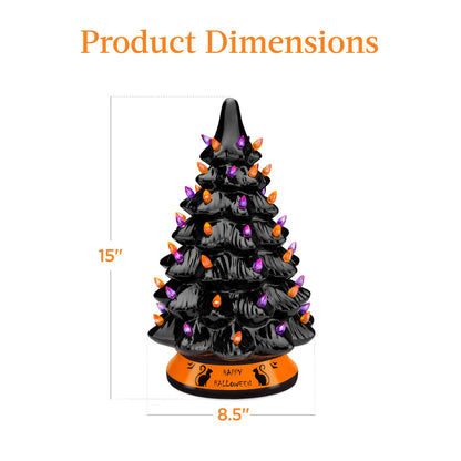 Ceramic Halloween Tabletop Tree w/ Orange & Purple Bulb Lights - 15in