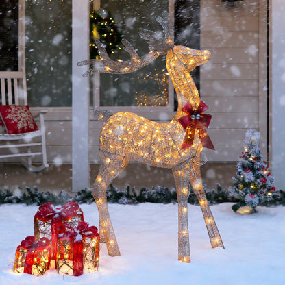 5ft 3D Pre-Lit Gold Glitter Christmas Reindeer Yard Decoration w/ 150 Lights