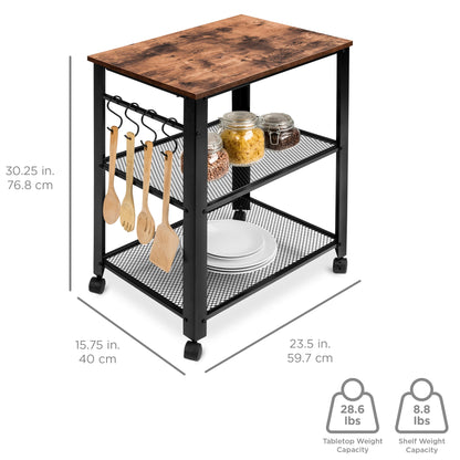 3-Tier Microwave Cart Rolling Utility Serving Cart w/ 2 Shelves, 4 Hooks