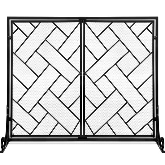 2-Panel Wrought Iron Geometric Fireplace Screen w/ Magnetic Doors - 44x33in