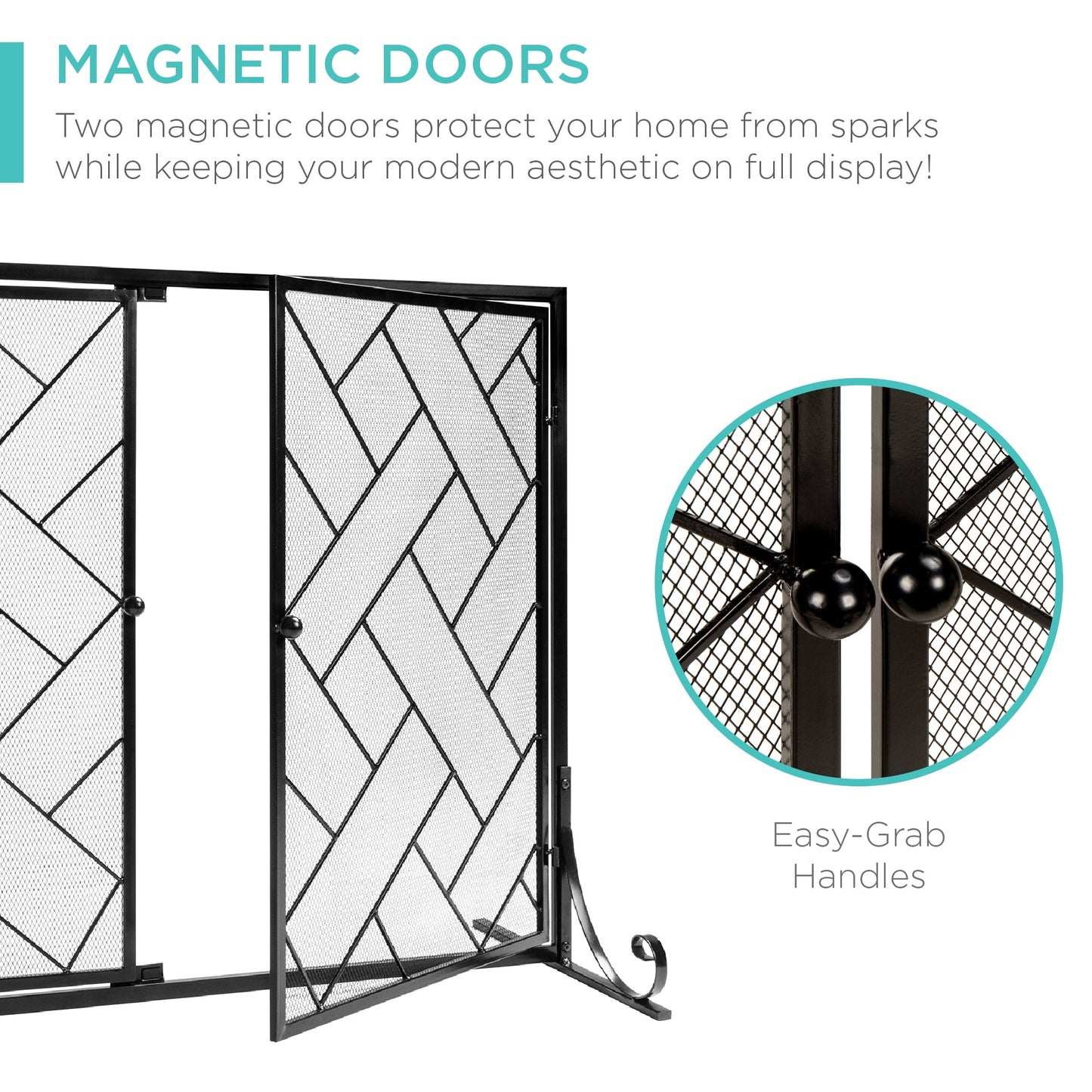 2-Panel Wrought Iron Geometric Fireplace Screen w/ Magnetic Doors - 44x33in