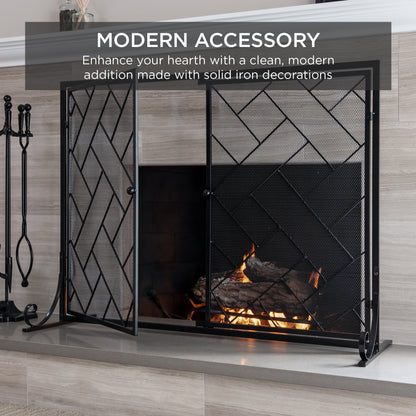 2-Panel Wrought Iron Geometric Fireplace Screen w/ Magnetic Doors - 44x33in