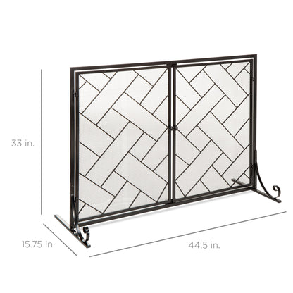 2-Panel Wrought Iron Geometric Fireplace Screen w/ Magnetic Doors - 44x33in