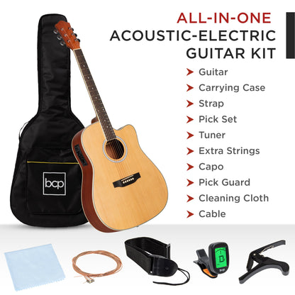 41in Beginner Acoustic Electric Cutaway Guitar Set w/ Case, Strap