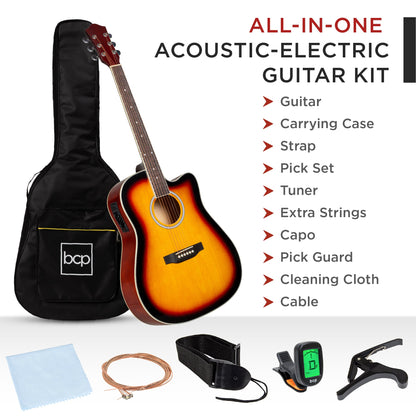 41in Beginner Acoustic Electric Cutaway Guitar Set w/ Case, Strap