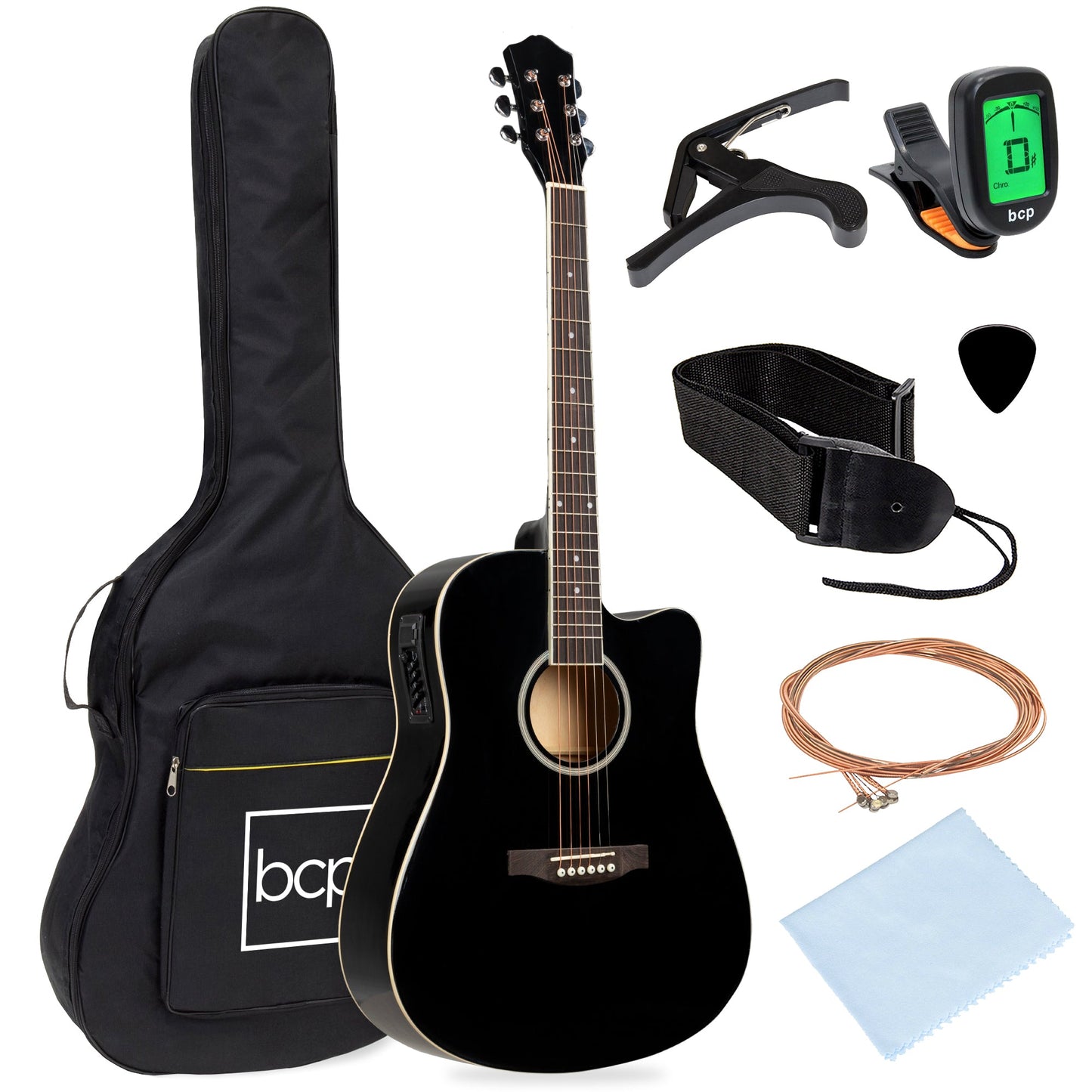 41in Beginner Acoustic Electric Cutaway Guitar Set w/ Case, Strap