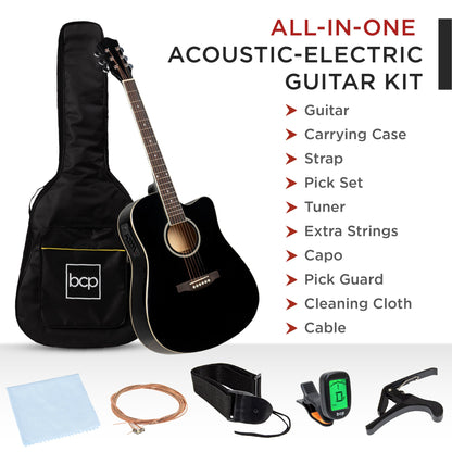 41in Beginner Acoustic Electric Cutaway Guitar Set w/ Case, Strap