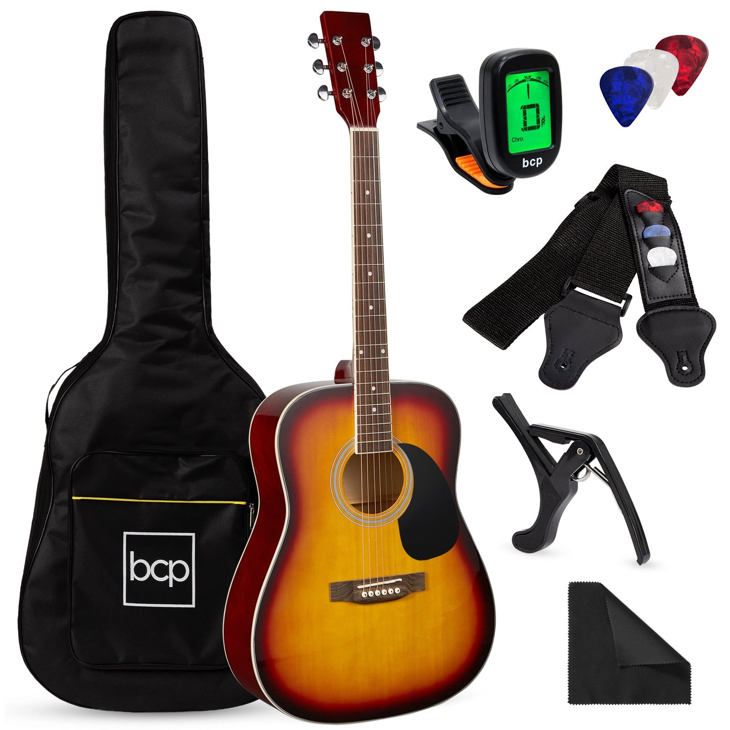 41in Acoustic Guitar Starter Kit w/ Digital Tuner, Padded Case, Picks, Strap