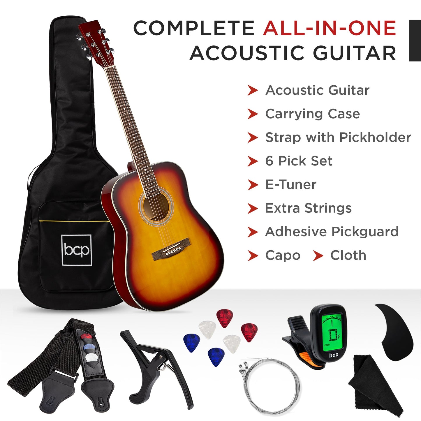 41in Acoustic Guitar Starter Kit w/ Digital Tuner, Padded Case, Picks, Strap