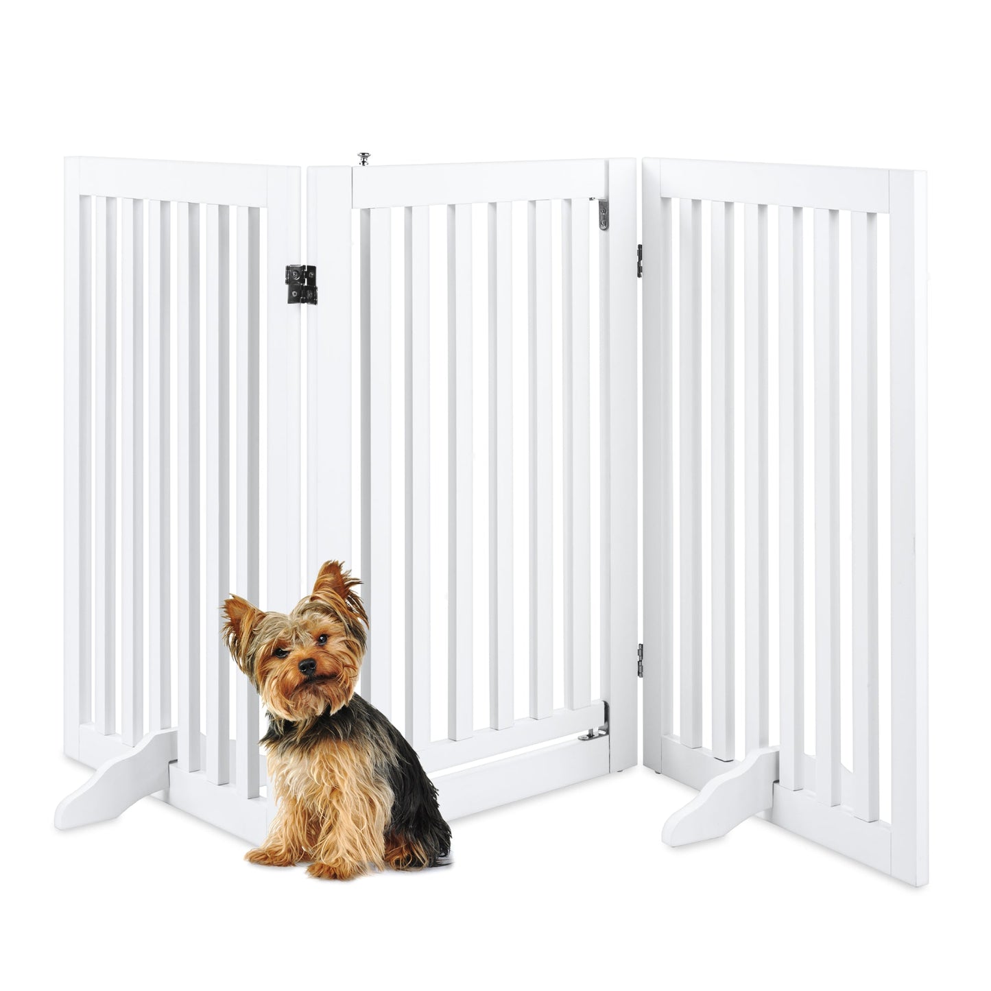 31.5in 3-Panel Freestanding Wooden Pet Gate w/ Door, Support Feet