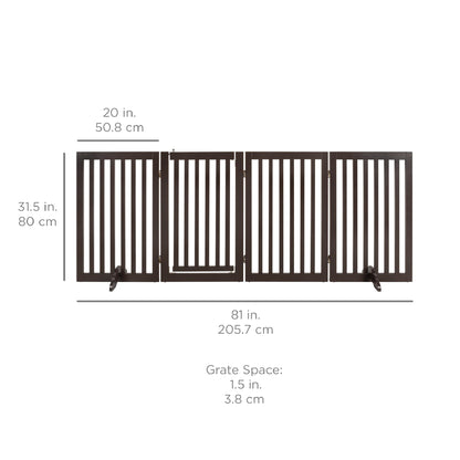 31.5in 4-Panel Freestanding Wooden Pet Gate w/ Door, Support Feet