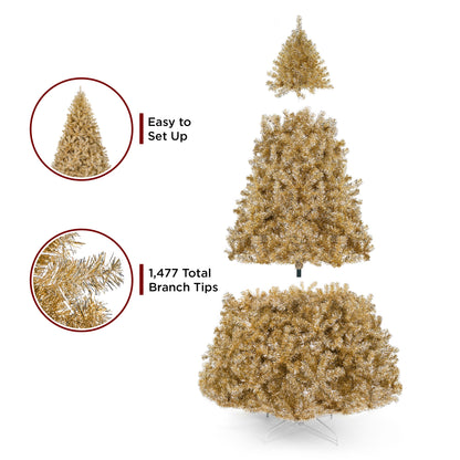 Champagne Gold Artificial Tinsel Christmas Tree w/ Foldable Stand