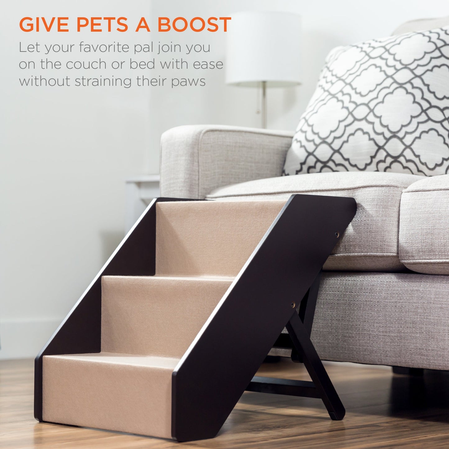 Foldable Adjustable, Non-Slip Wide Wooden Carpeted Pet Step Stairs