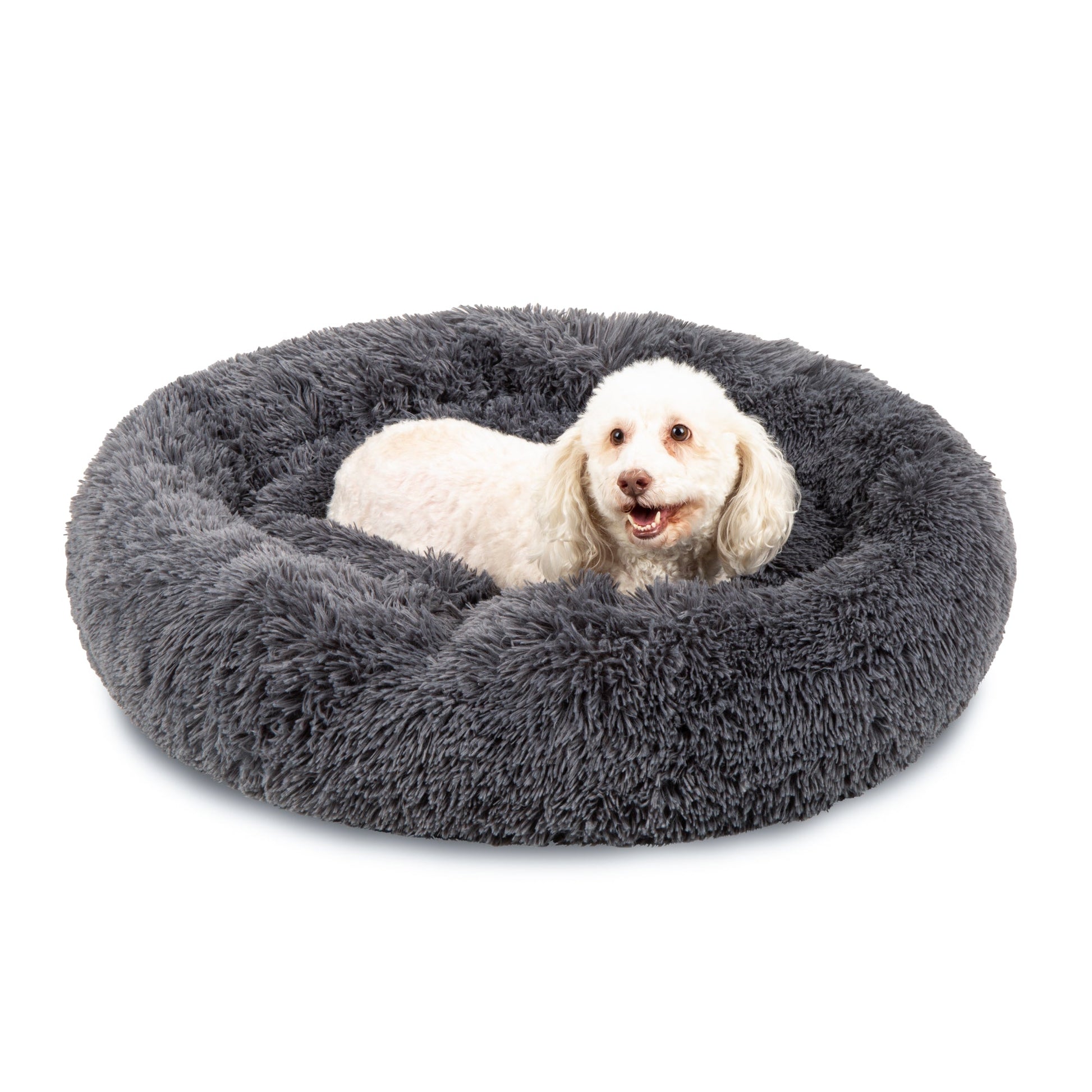 Self-Warming Shag Fur Calming Pet Bed w/ Water-Resistant Lining - Gray