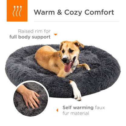 Self-Warming Shag Fur Calming Pet Bed w/ Water-Resistant Lining - Gray