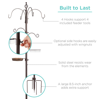 Bird Feeding Station, 6-Hook Steel Multi-Feeder Stand w/ 4 Feeders - 89in