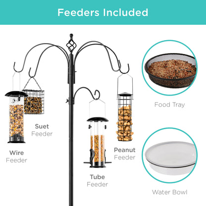 Bird Feeding Station, 6-Hook Steel Multi-Feeder Stand w/ 4 Feeders - 89in