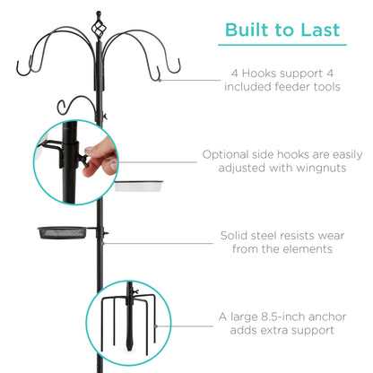 Bird Feeding Station, 6-Hook Steel Multi-Feeder Stand w/ 4 Feeders - 89in