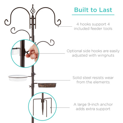 4-Hook Bird Feeding Station, Steel Feeder Stand w/ 2 Bird Feeders - 91in