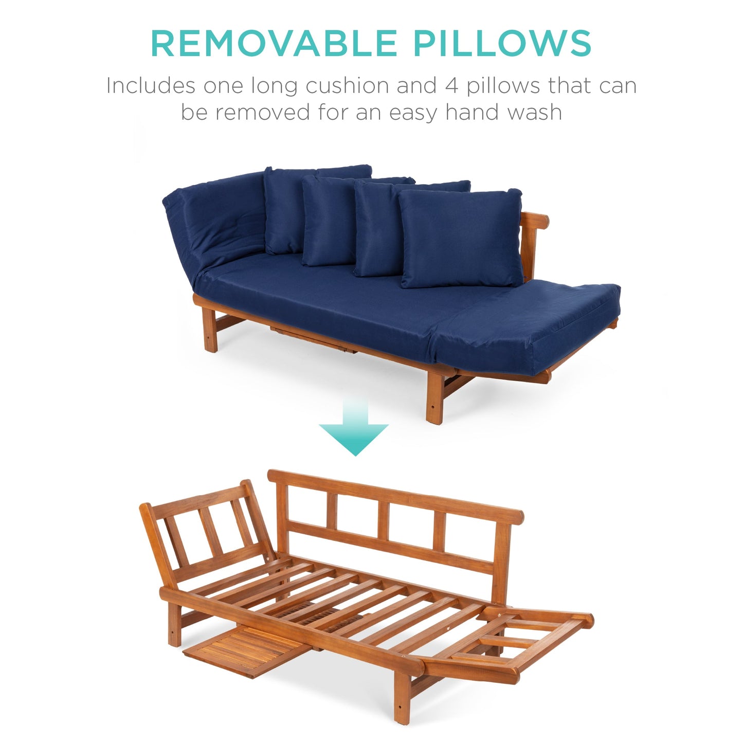 Outdoor Convertible Acacia Wood Futon Sofa w/ 4 Pillows, Removable Cushion
