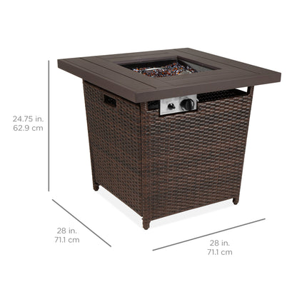 28in Fire Pit Table 50,000 BTU Wicker Propane w/ Faux Wood Tabletop, Cover