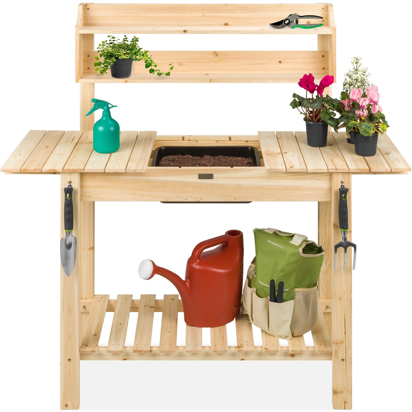 Wood Garden Potting Bench w/ Sliding Tabletop, Food Grade Dry Sink