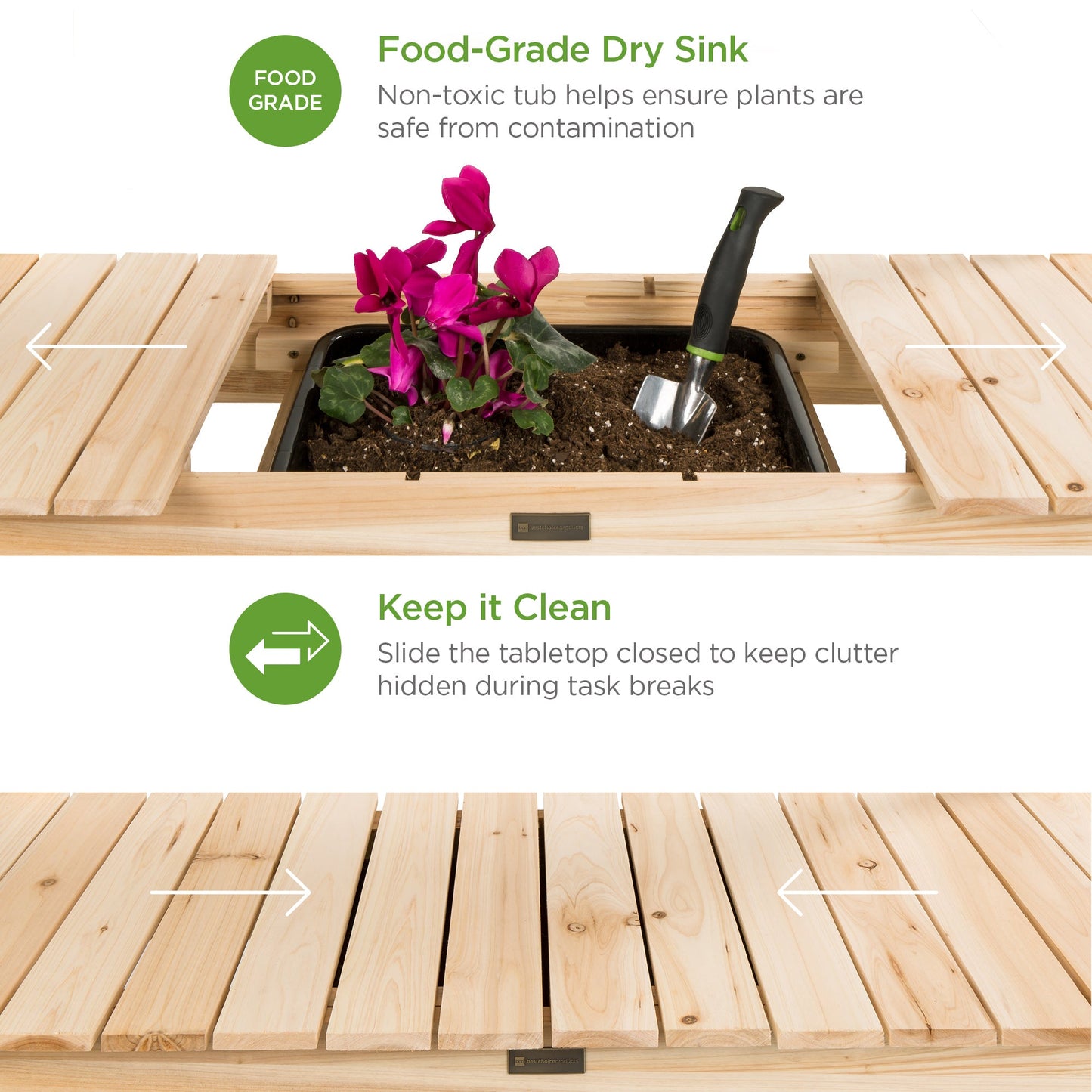 Wood Garden Potting Bench w/ Sliding Tabletop, Food Grade Dry Sink