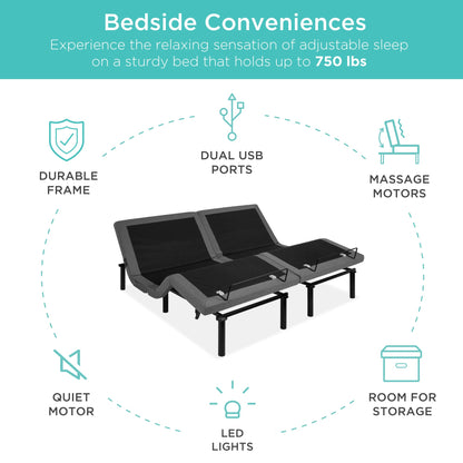 Adjustable Bed Base with Massage, Remote, USB Ports