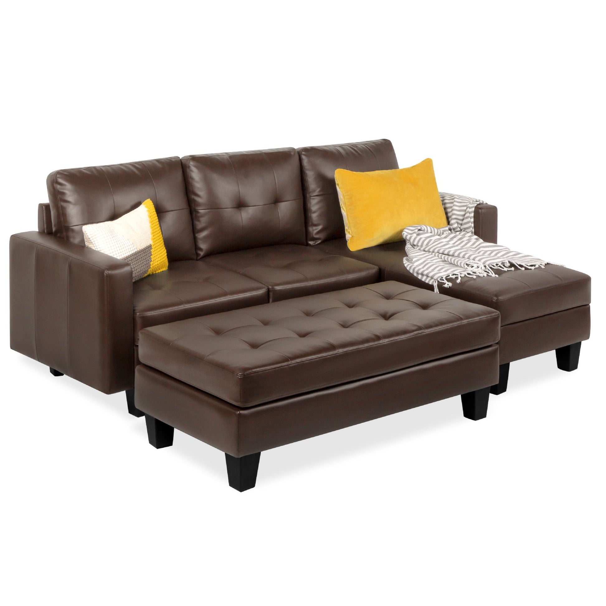L-Shape Customizable Faux Leather Sofa Set w/ Ottoman Bench