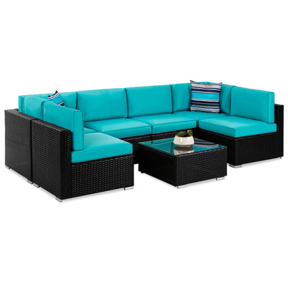 7-Piece Modular Wicker Sectional Conversation Set w/ 2 Pillows, Cover